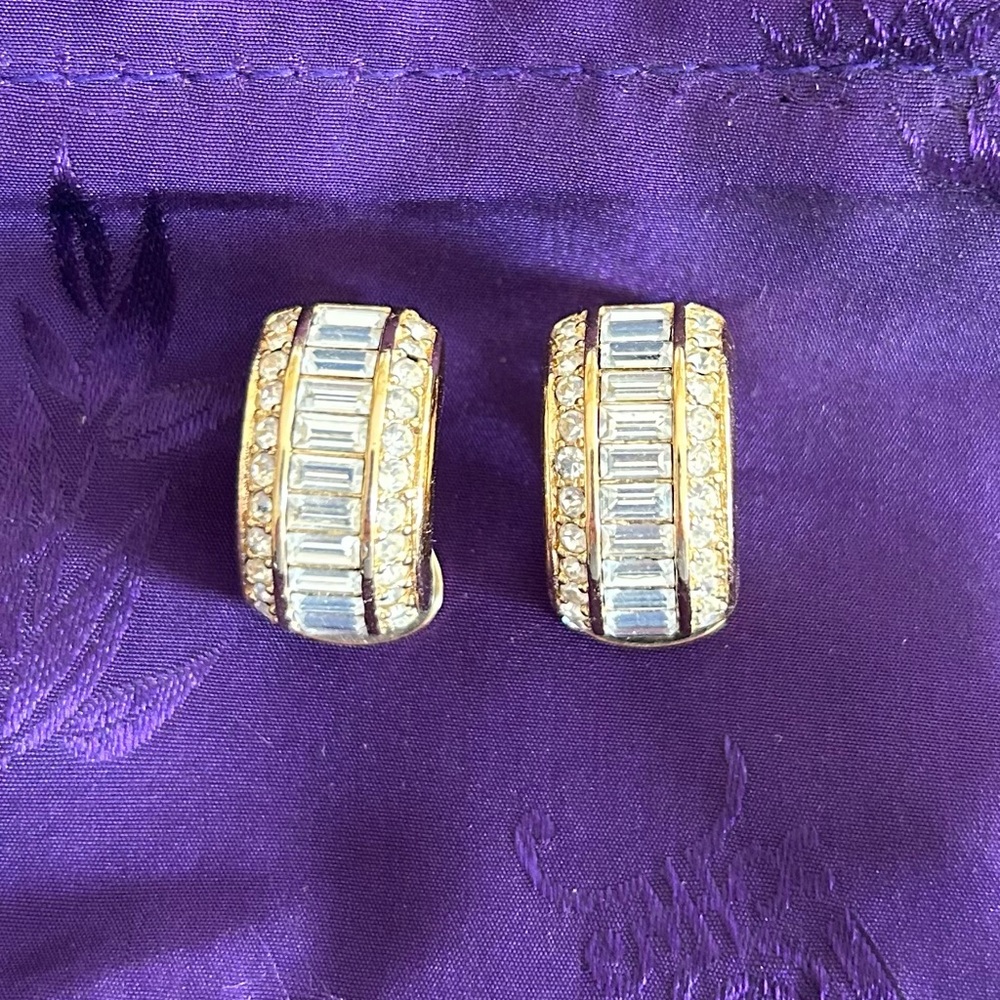 Christian Dior Baguette & Pave Rhinestone Half Hoop Gold Tone Clip On Earrings